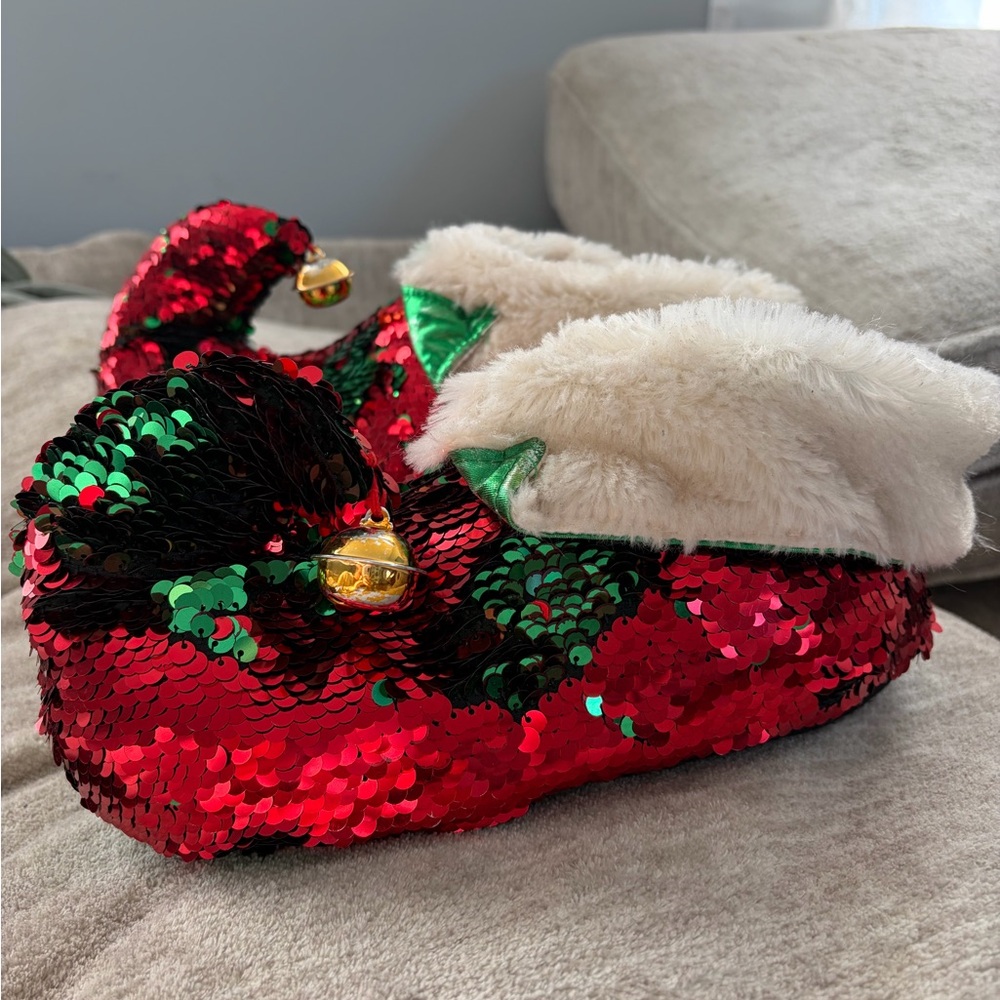 Sequin Slide Xmas Elf Slippers in Red & Green Reversible Sequin and Bells